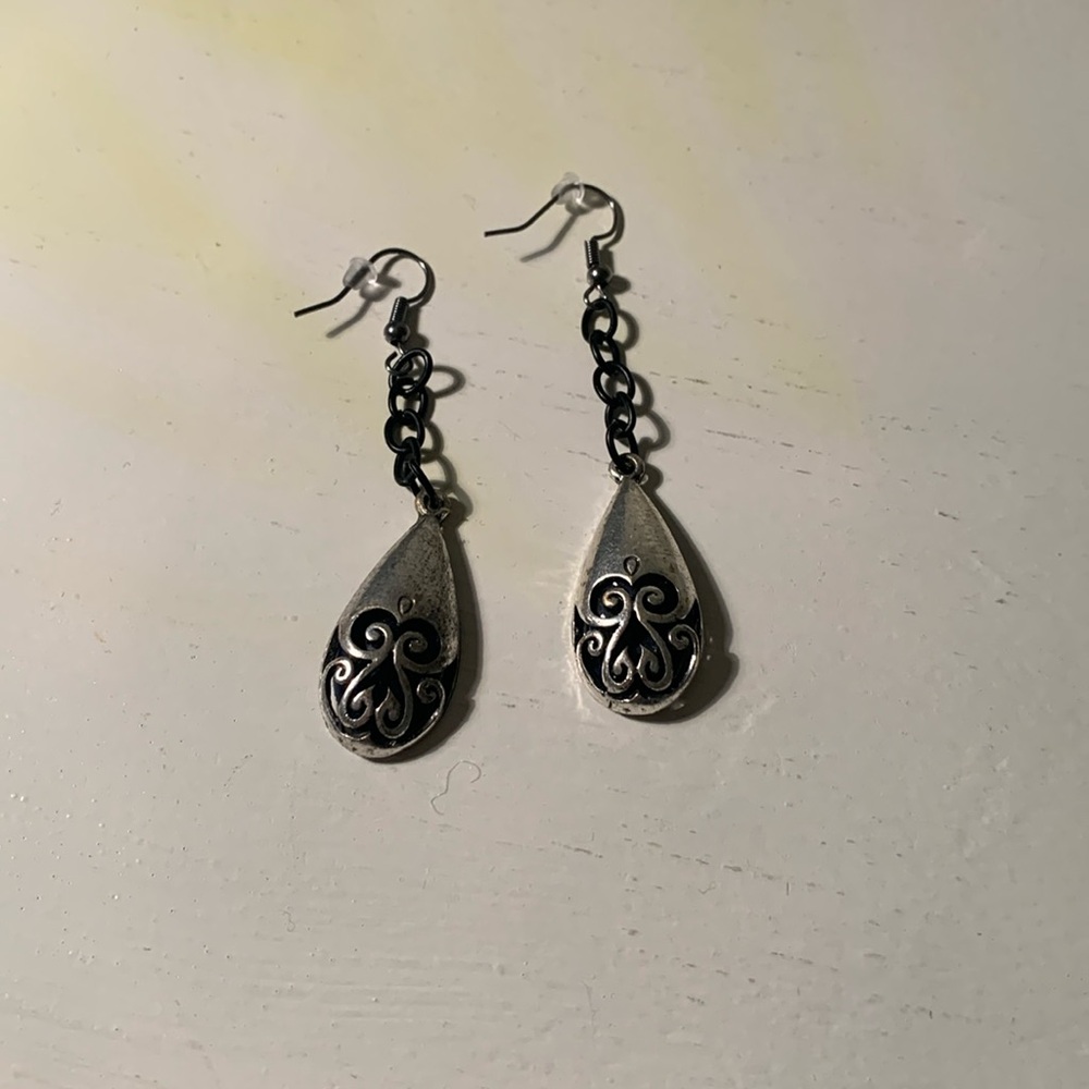 blue black and silver dangling earrings